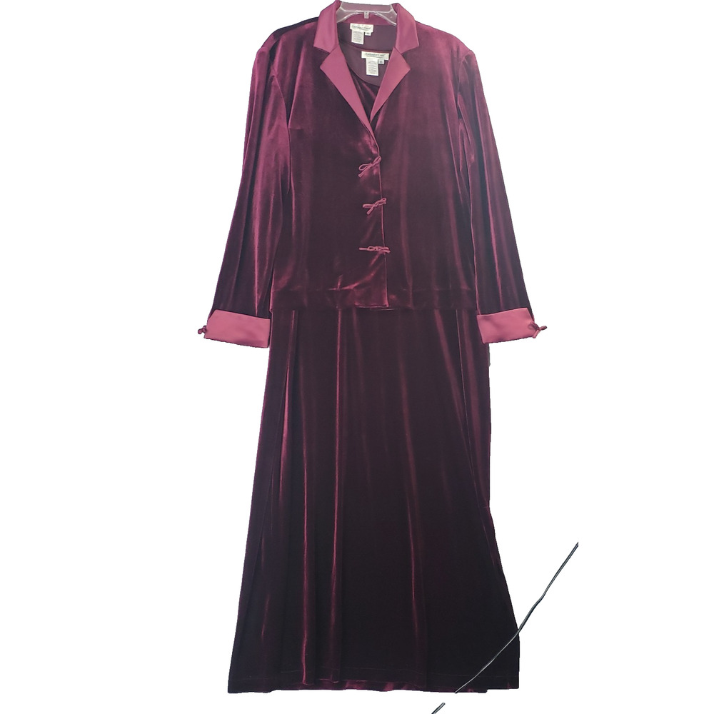 Coldwater Creek Burgundy Velvet Jacket & Long Dress Set Women’s Sz 16 Satin Trim